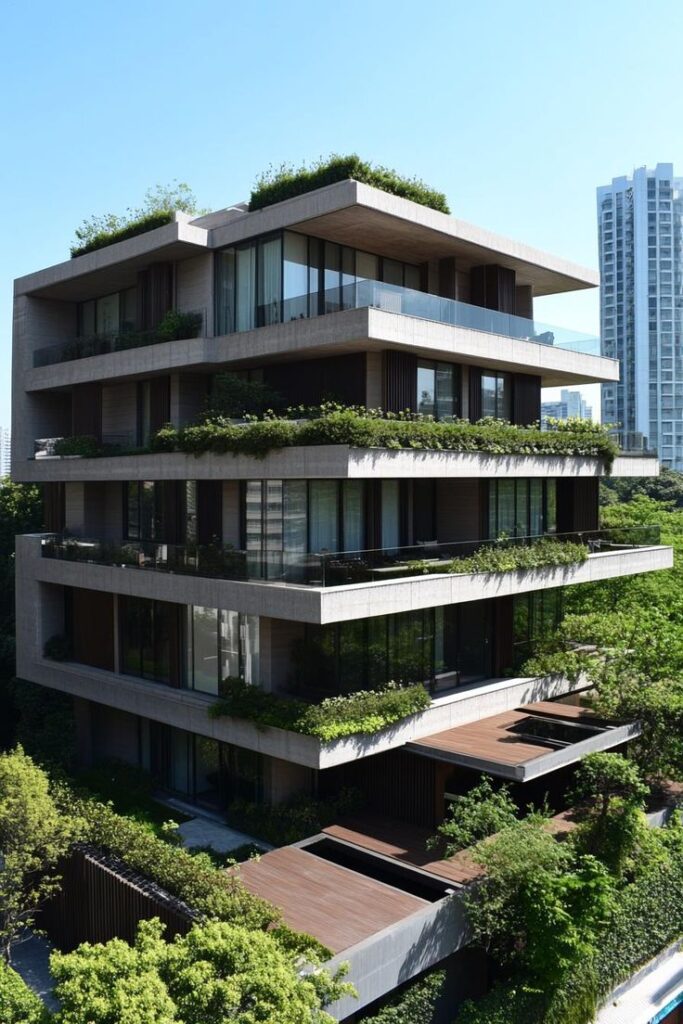 Modern building with greenery terraces, featuring large windows and wooden elements, under a clear blue sky.