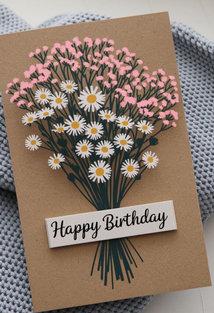 919c7cd5ca216b178a2f71391eeb12b3 Birthday card with daisy and pink flower illustration on a knitted blanket background, featuring Happy Birthday text. | Sky Rye Design Birthday card with daisy and pink flower illustration on a knitted blanket background, featuring Happy Birthday text.