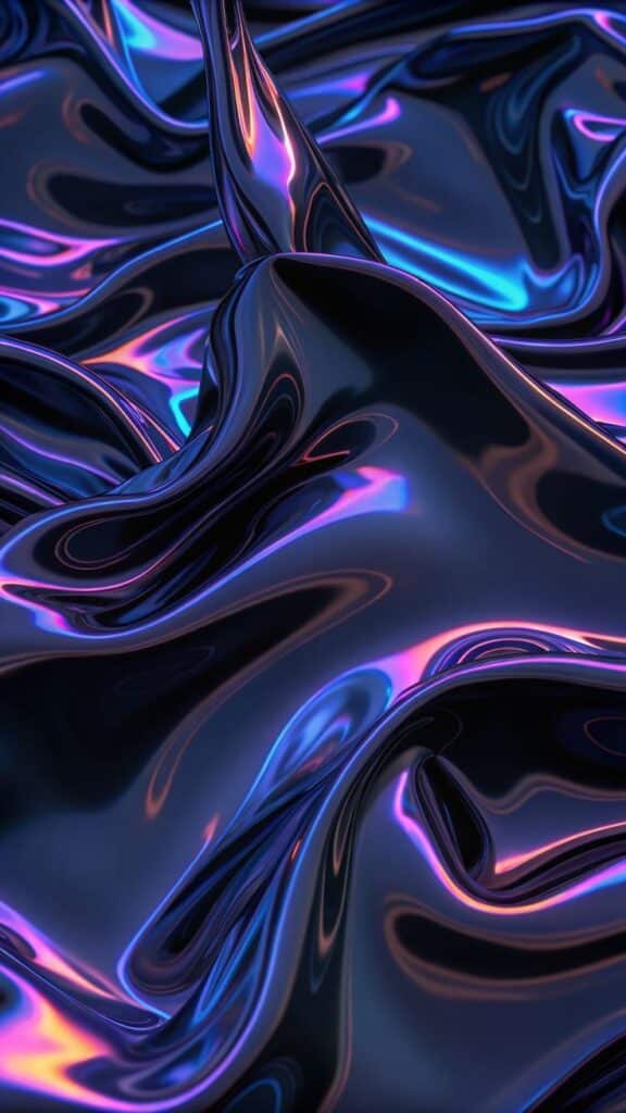 Shiny, abstract fabric-like waves with vibrant blue and purple hues creating a surreal, fluid texture.