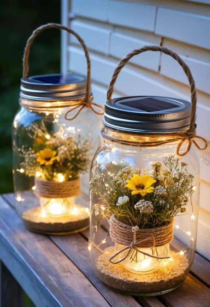 91d6cc61b9da9117a737a48132afd8da Two decorative solar-powered mason jar lanterns with flowers and lights on a wooden table. | Sky Rye Design Two decorative solar-powered mason jar lanterns with flowers and lights on a wooden table.