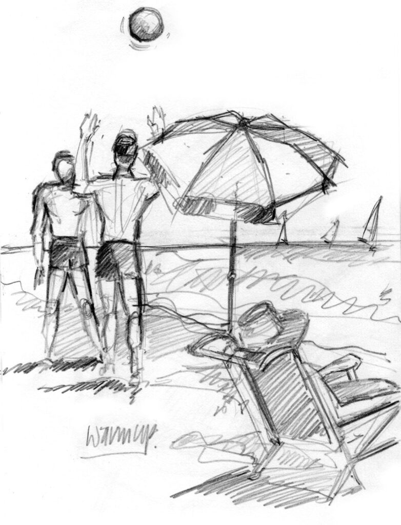 Sketch of people playing volleyball on the beach, with an umbrella and chair in the foreground, sailboats in the background.