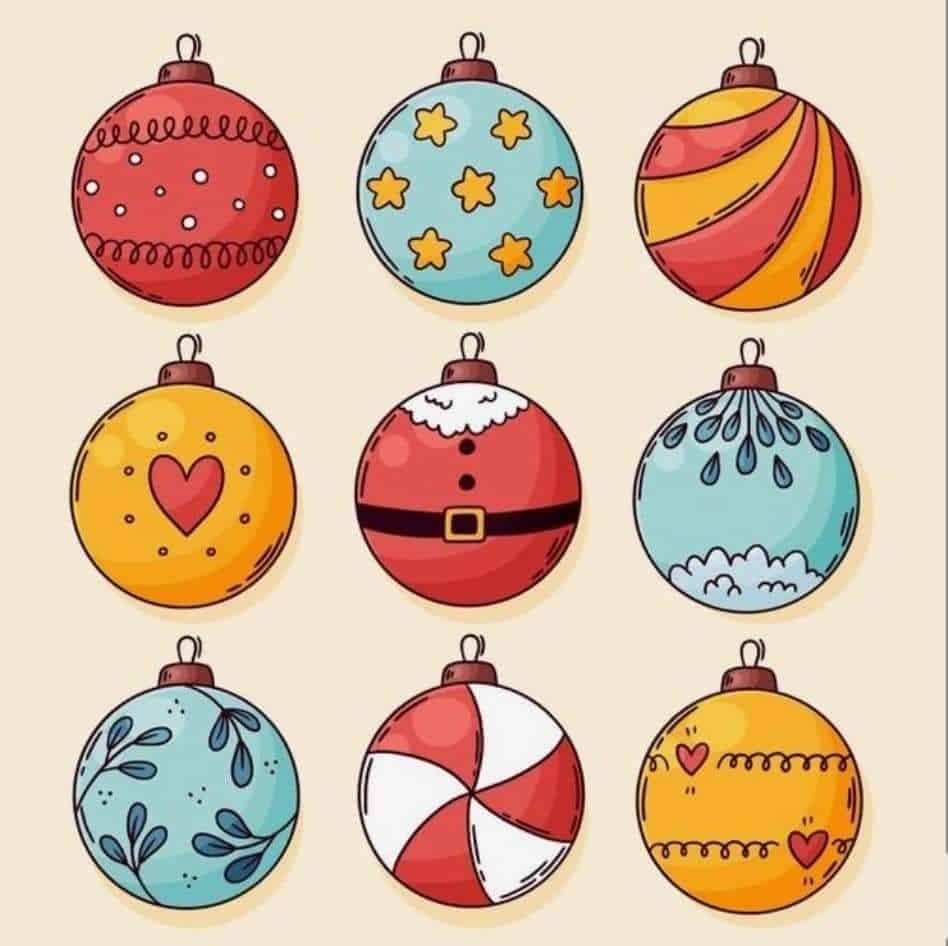 Illustrated Christmas ornaments, featuring festive patterns in red, blue, and yellow. Perfect for holiday decoration.