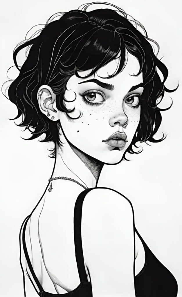 Black and white illustration of a woman with short hair and freckles, looking over her shoulder.