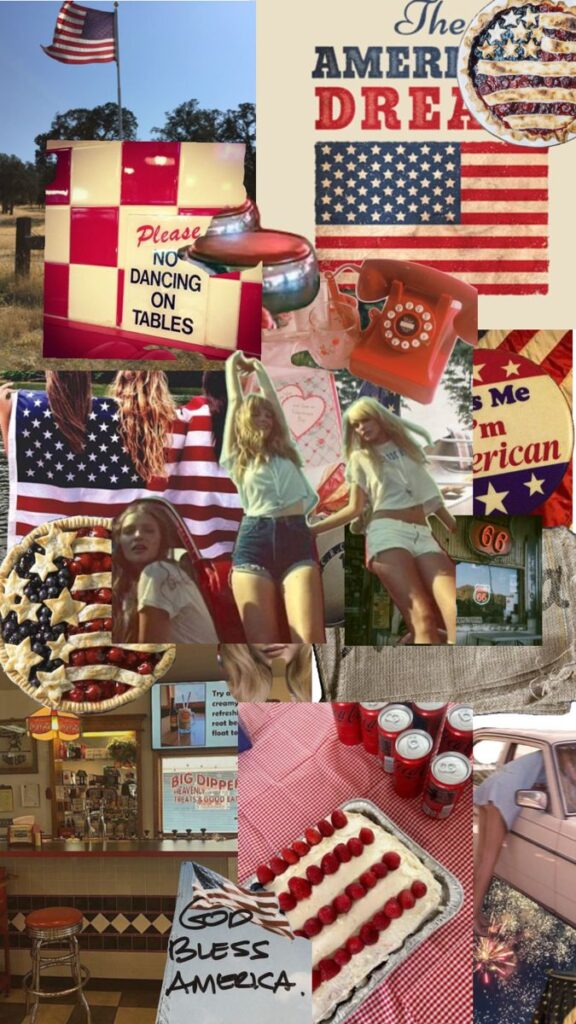 Collage featuring American flags, vintage elements, pies, and patriotic imagery representing the American dream.