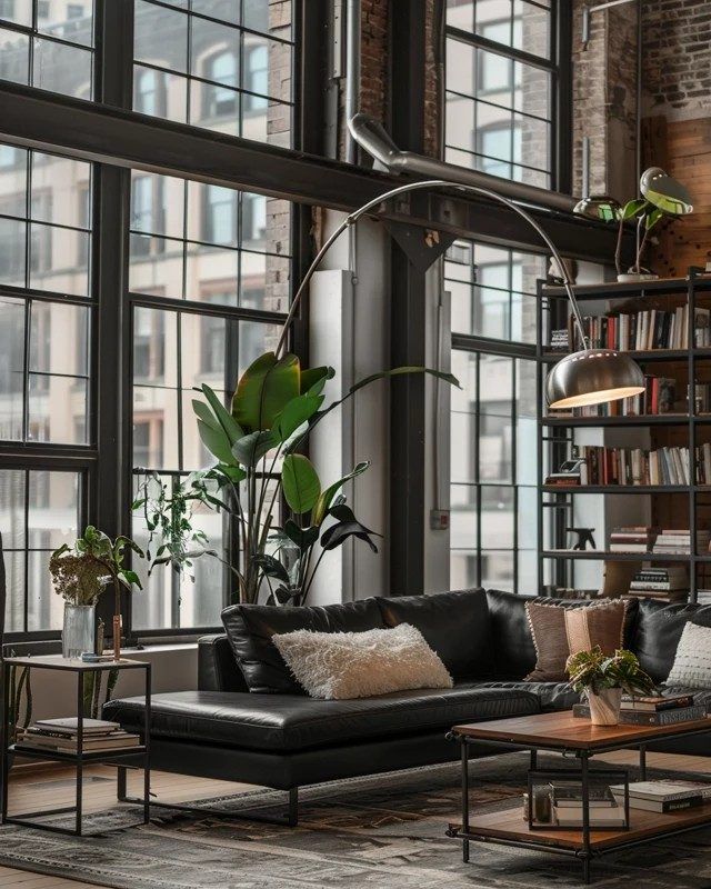Industrial loft living room with black leather sofa, large windows, plants, and bookshelves creating a cozy atmosphere.
