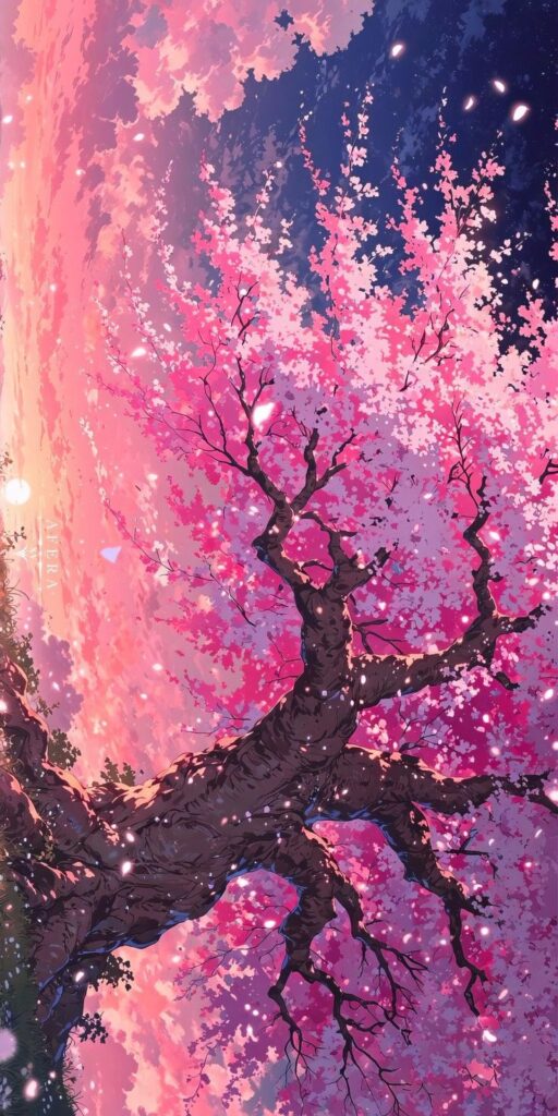 Anime cherry blossom tree at sunset, pink petals cascading against a vibrant sky.