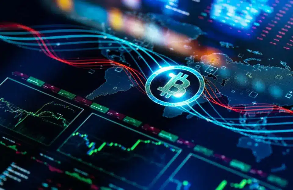 Cryptocurrency market trends with Bitcoin symbol over digital global map and graphs, showcasing blockchain data analysis.