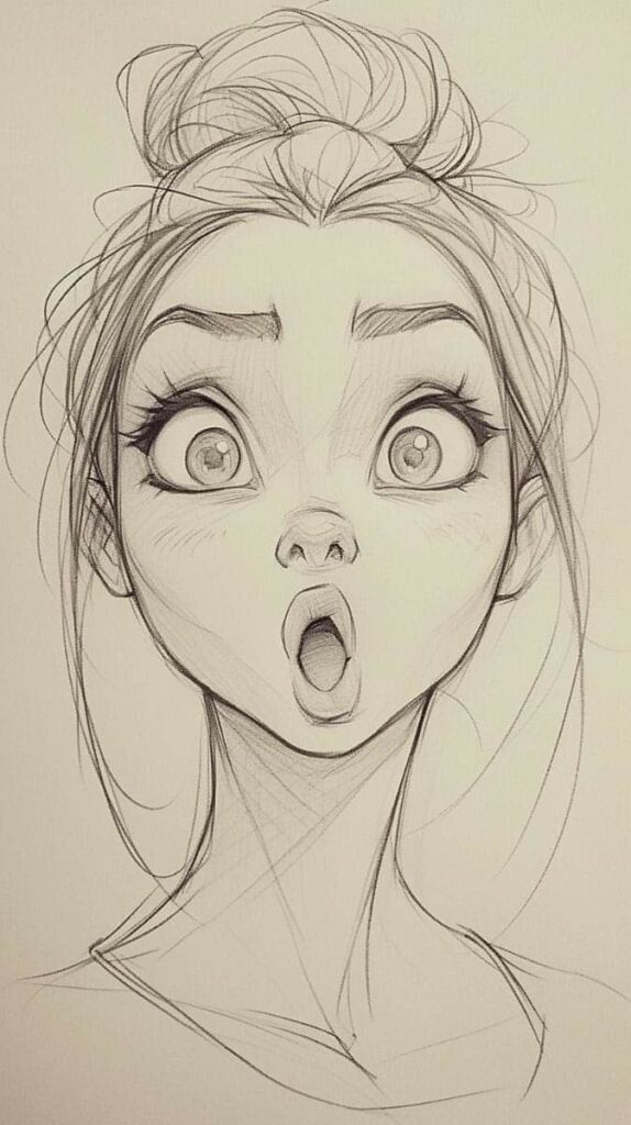 Pencil sketch of a surprised woman with wide eyes and open mouth, hair in a bun, showcasing expressive detail.