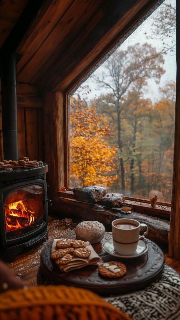 Cozy cabin interior with cookies and coffee by a warm fireplace, overlooking a misty autumn forest scene.