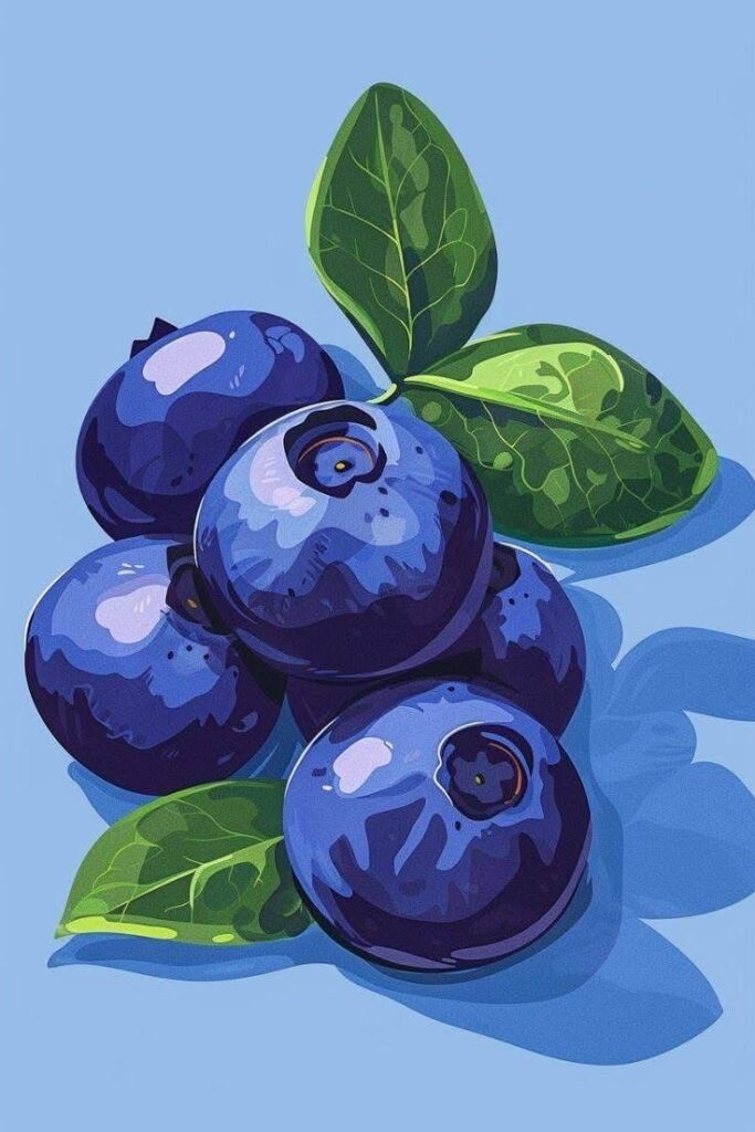 97505c4d-19c0-45d4-a4b4-26ecc8f32b14 Illustrated blueberries with green leaves on a blue background. | Sky Rye Design Illustrated blueberries with green leaves on a blue background.