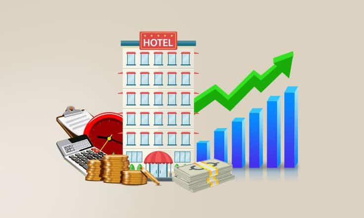Hotel building with rising graph, coins, and calculator, representing growth in hospitality industry profits.