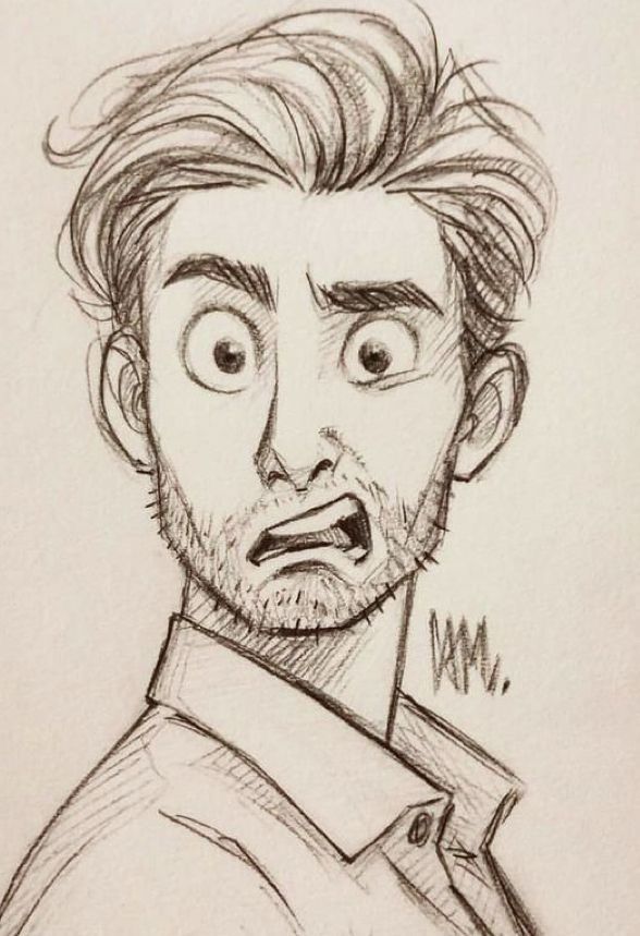 Sketch of a surprised man with an open mouth and expressive eyes, conveying a shocked or bewildered expression.