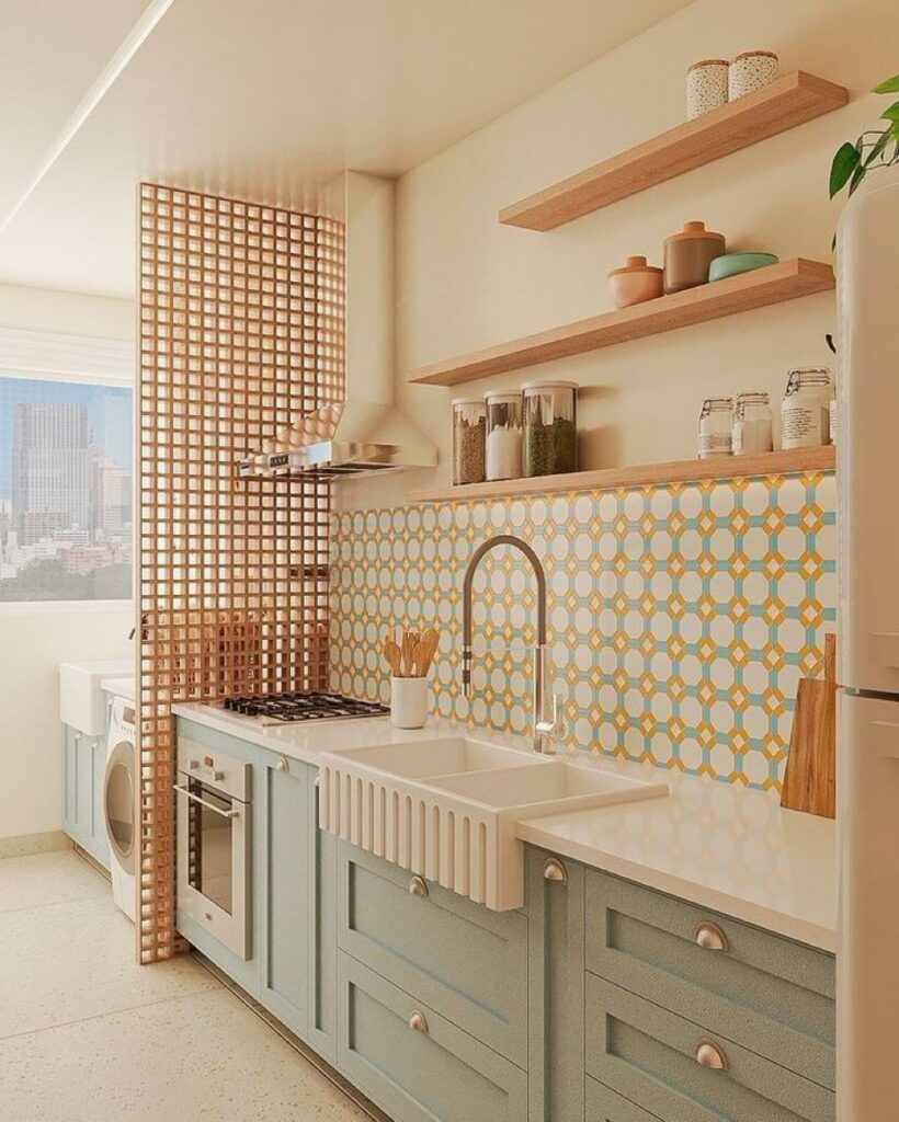 97a7b83b8a309a8a6e450417552fd9df Modern kitchen with pastel blue cabinets, decorative tiles, and floating shelves. Bright and stylish interior design. | Sky Rye Design Modern kitchen with pastel blue cabinets, decorative tiles, and floating shelves. Bright and stylish interior design.