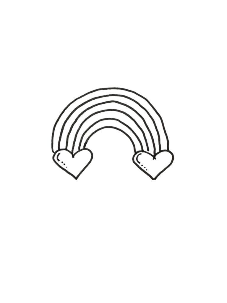 Black and white heart rainbow sketch, two hearts at each end of an arching rainbow line.