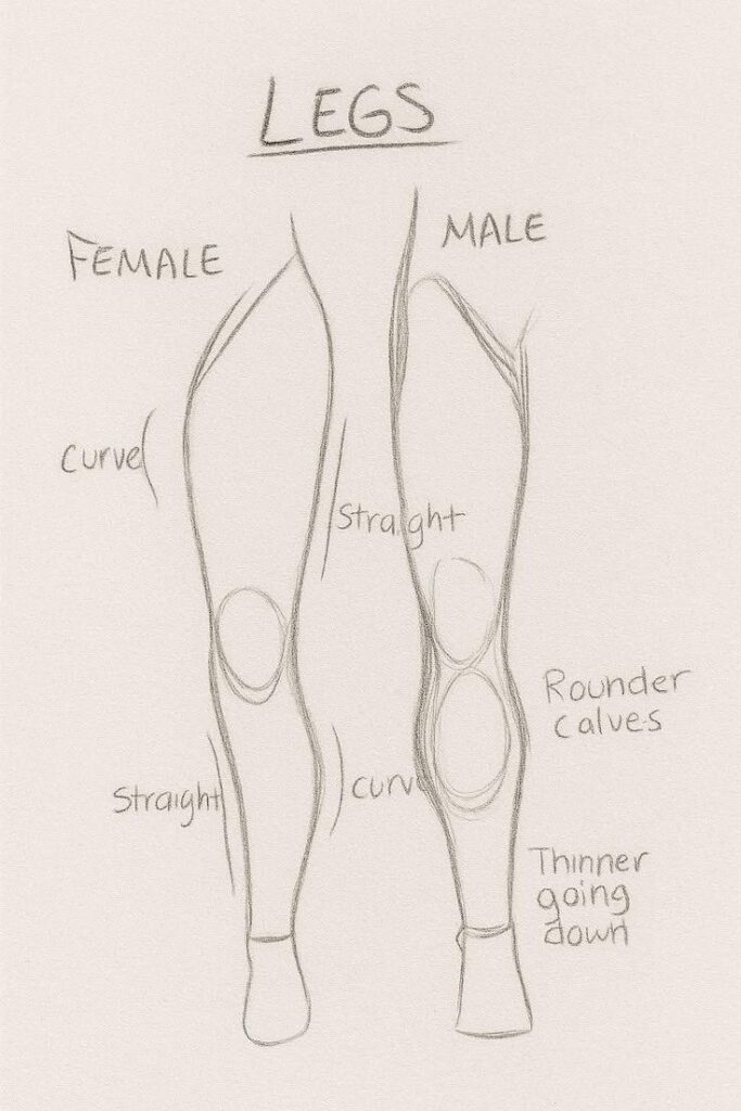Drawing of male and female legs highlighting anatomical differences, with notes on curves and straight lines.