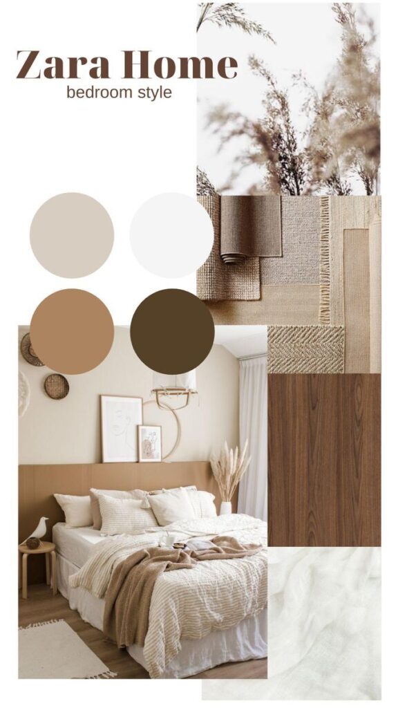 Cozy neutral bedroom with Zara Home decor items, warm tones, textured fabrics, and natural elements.