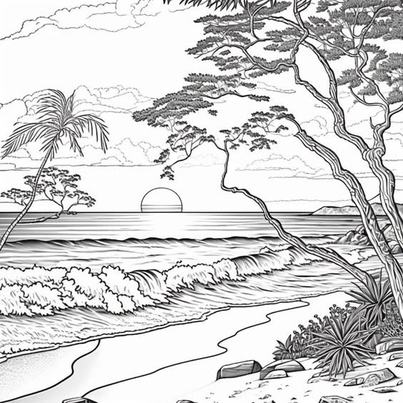 Black and white tropical beach scene with ocean waves, palm trees, and a sunset in the distance.