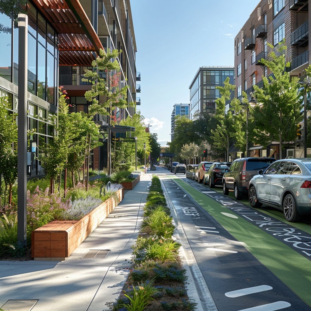 Modern urban street with bike lane, parked cars, and green landscaping in a city setting under a clear blue sky.