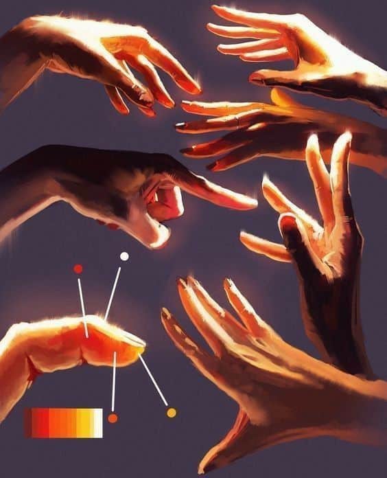 Illustrated hands in various gestures with warm, glowing lighting effects and a color palette guide on a dark background.