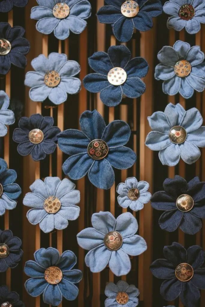 Denim fabric flowers with button centers on a vertical striped wooden background.