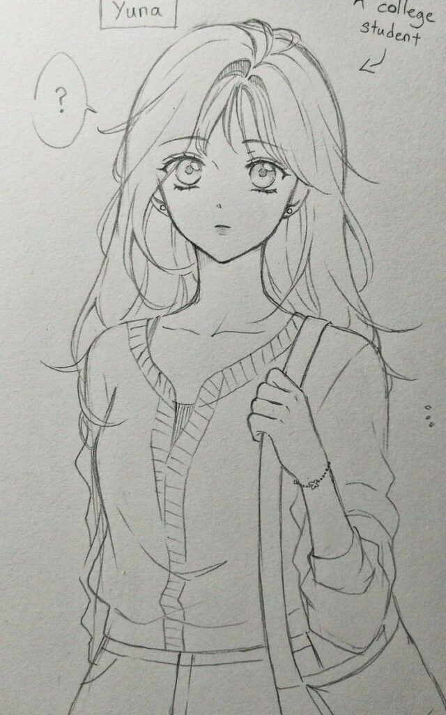 Anime-style sketch of a college student girl, expressing curiosity, holding a bag, with long hair and casual outfit.