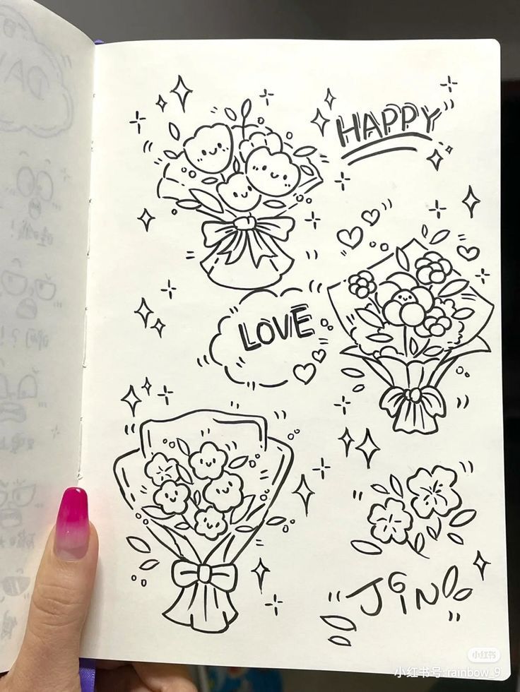9bca033a-fad5-45a5-bc14-9263d36232b5 Cute doodle of flower bouquets with smiling faces, stars, hearts, and words Happy and Love in playful style. | Sky Rye Design Cute doodle of flower bouquets with smiling faces, stars, hearts, and words Happy and Love in playful style.