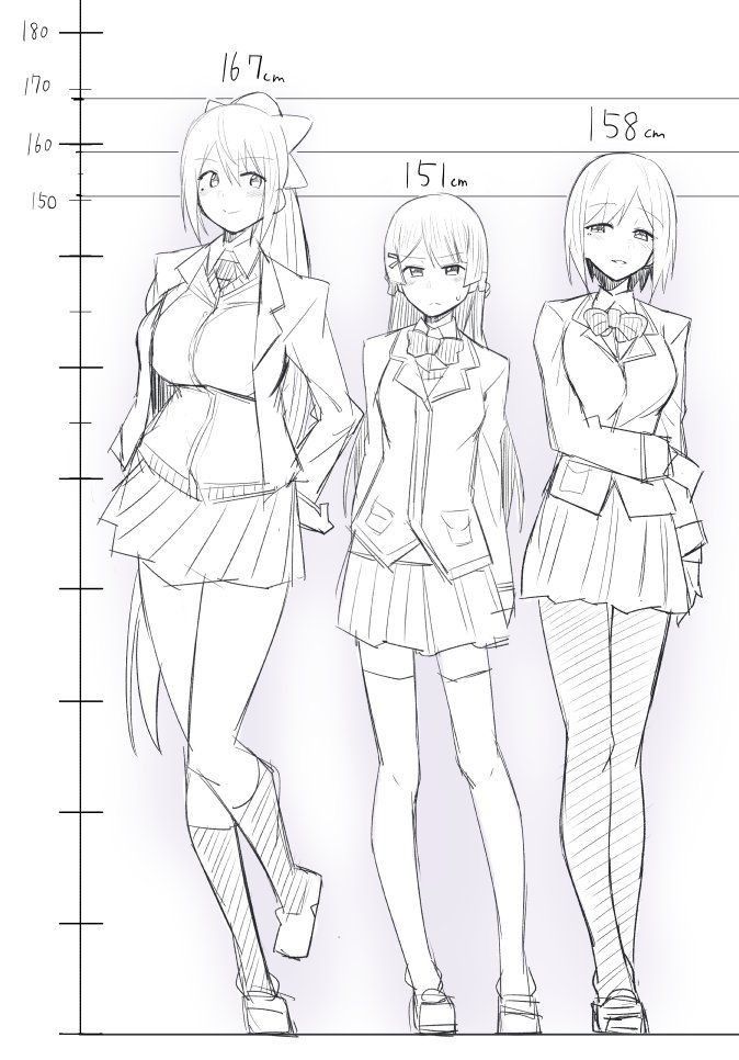 9c137e0d-025d-4764-a348-1872b31207d8 Three anime characters in school uniforms, heights marked as 167cm, 151cm, and 158cm on a height chart. | Sky Rye Design Three anime characters in school uniforms, heights marked as 167cm, 151cm, and 158cm on a height chart.