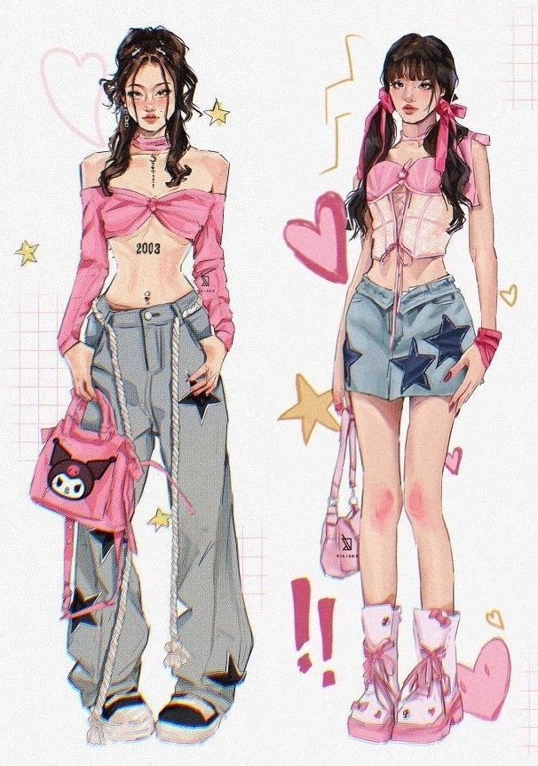 9c467a1b-89df-43a2-83ac-47a3dc8684aa Illustrated Y2K fashion style with two women in trendy pink and gray outfits, accessorized with stars and hearts. | Sky Rye Design Illustrated Y2K fashion style with two women in trendy pink and gray outfits, accessorized with stars and hearts.