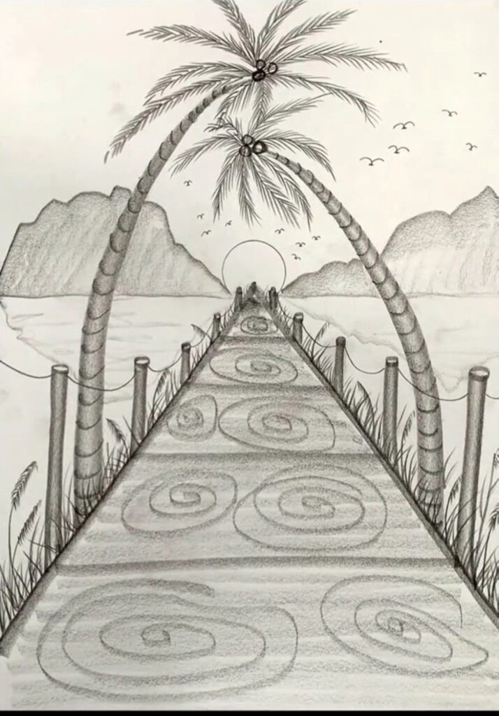 Sketch of a boardwalk leading to a beach with palm trees and mountains in the background.