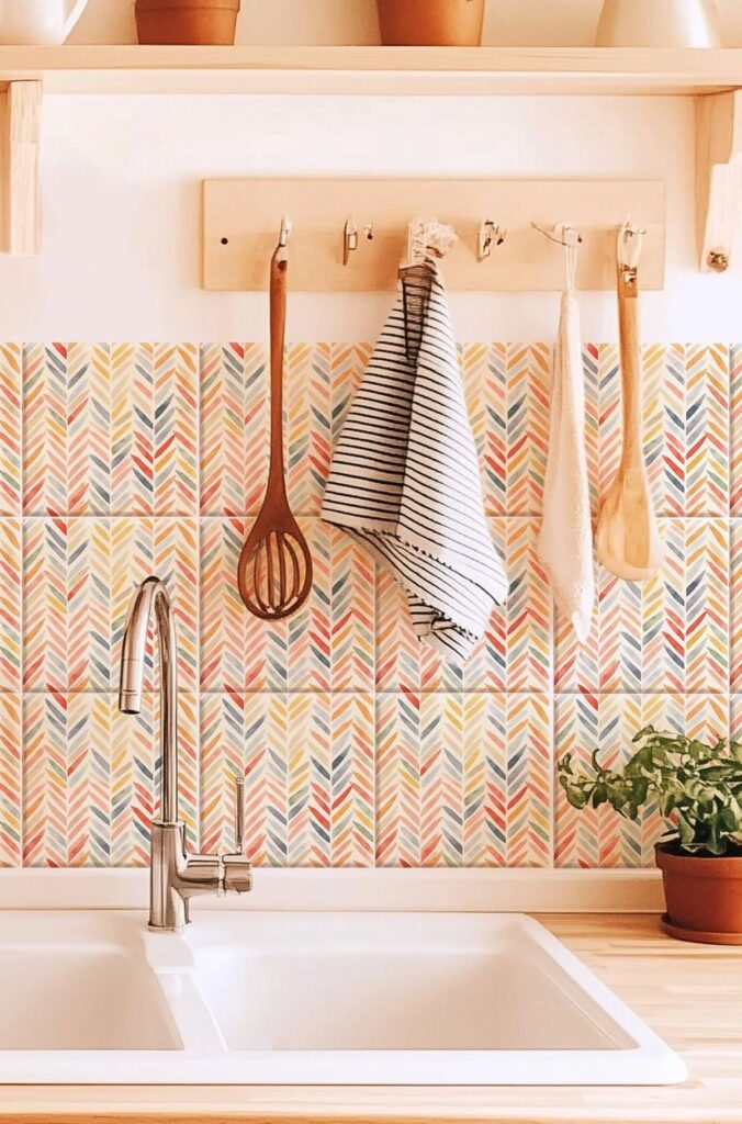 9cf98745e1c834b478e674fa03863943 Modern kitchen with colorful tiled backsplash, wooden utensils, striped towel, and potted plant by a sink. | Sky Rye Design Modern kitchen with colorful tiled backsplash, wooden utensils, striped towel, and potted plant by a sink.