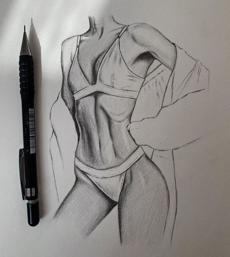 Sketch of a woman in lingerie with a pencil on paper, showcasing detailed shading and artistic style.