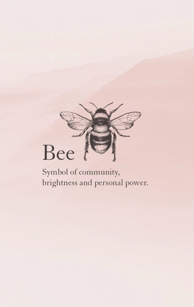 Illustration of a bee with text highlighting its symbolism: community, brightness, and personal power on a pink background.
