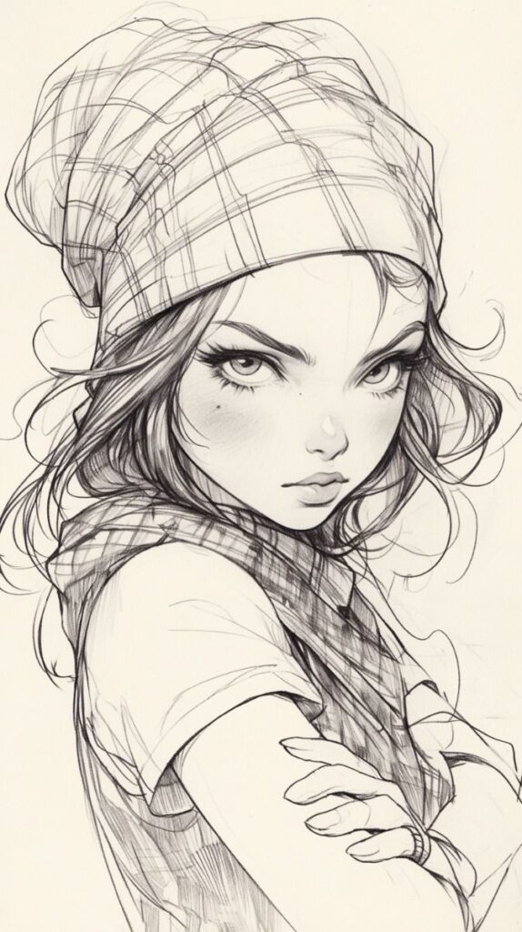 Sketch of a girl with a plaid beanie and crossed arms, showcasing intense expression and sharp features.