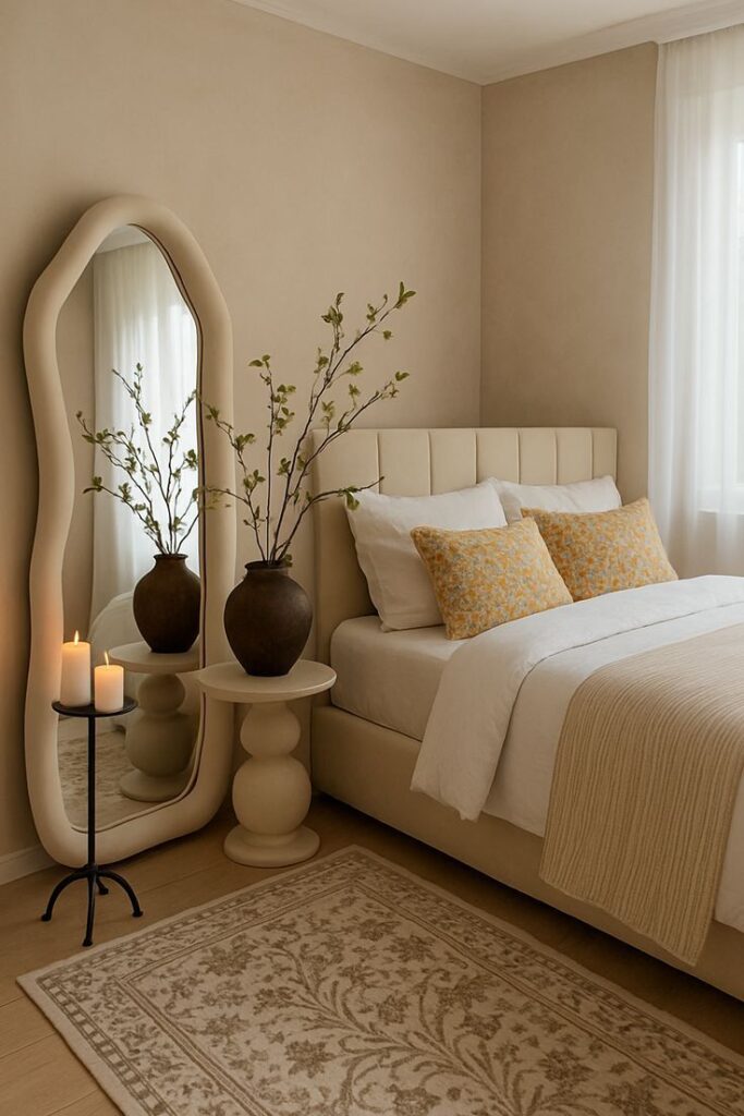 9e253855-b16a-43ca-a352-ec6a802568d8 Stylish beige bedroom with wavy mirror, cozy bed, floral accents, and candles for a serene ambiance. | Sky Rye Design Stylish beige bedroom with wavy mirror, cozy bed, floral accents, and candles for a serene ambiance.