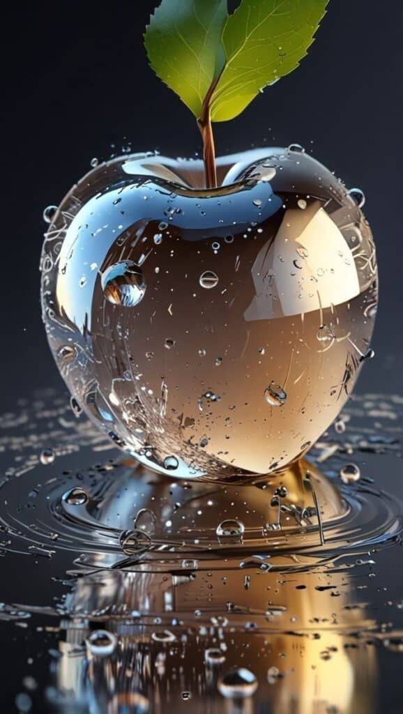 Water droplets on a shiny, reflective apple with green leaves, creating a surreal effect.