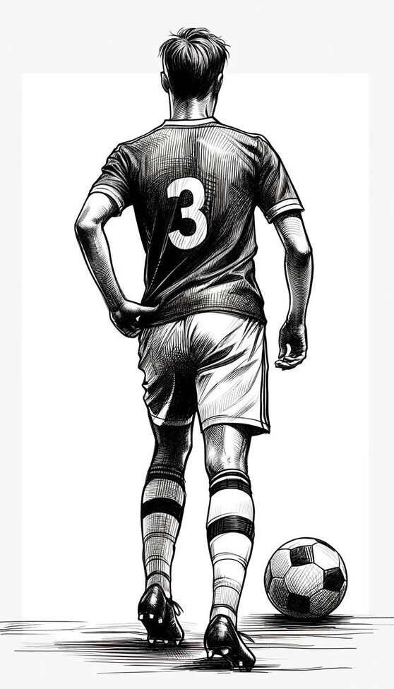 Illustration of a soccer player wearing jersey number 3, standing next to a ball, viewed from behind.