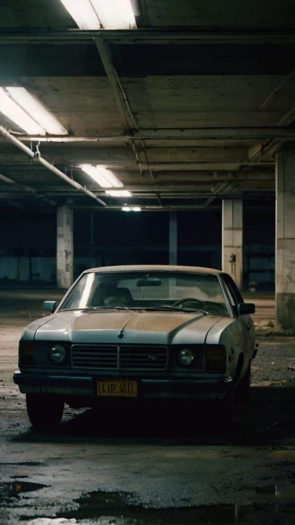 Vintage car parked in a dimly lit underground garage, evoking a moody, nostalgic atmosphere.