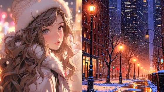 A Guide to the Most Beautiful Anime Winter Snow Wallpapers Anime girl in a winter outfit surrounded by city lights and snowy street trees in an urban night scene. | Sky Rye Design Anime girl in a winter outfit surrounded by city lights and snowy street trees in an urban night scene.