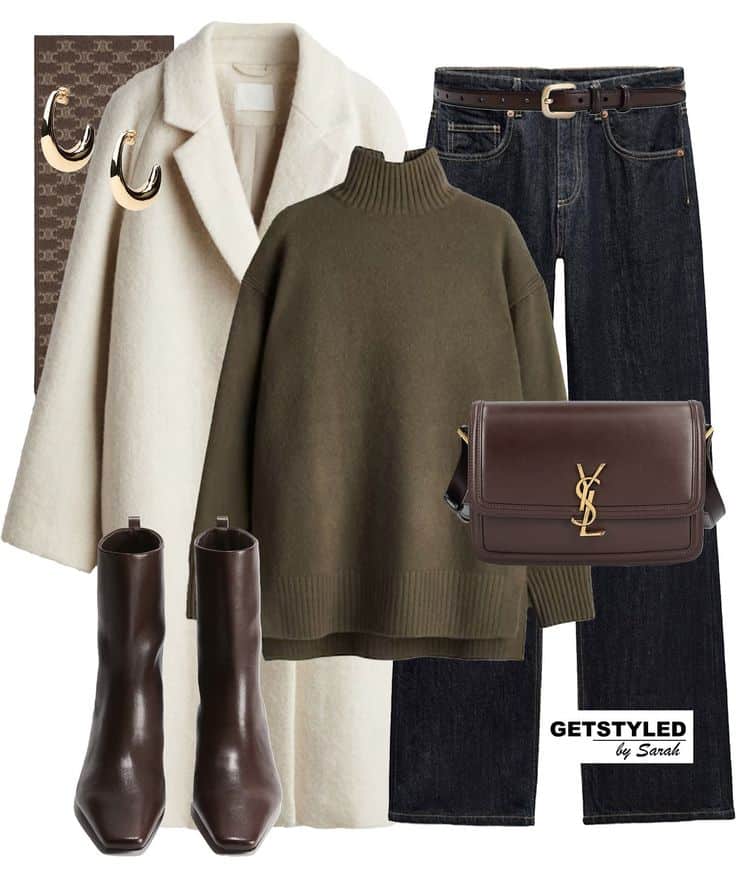 Chic fall outfit: cream coat, olive sweater, dark jeans, brown boots, bag, and hoop earrings. Stylish autumn look.