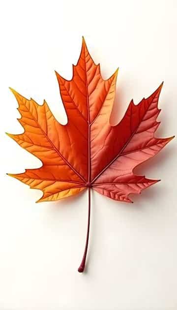 Vibrant autumn maple leaf with gradient colors from red to orange, isolated on a white background.