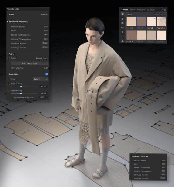 AI 3D Fashion Clothing Design Software 3D fashion design software interface showcasing fabric simulation on a model wearing a beige coat. | Sky Rye Design 3D fashion design software interface showcasing fabric simulation on a model wearing a beige coat.