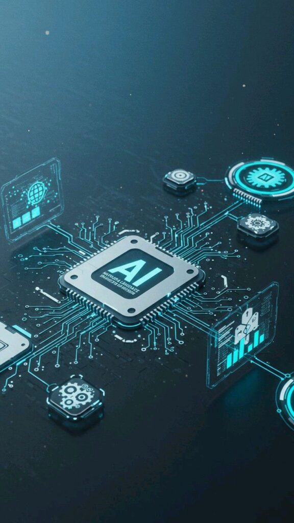 AI AI chip concept with digital circuits and icons, representing artificial intelligence and technology integration. | Sky Rye Design AI chip concept with digital circuits and icons, representing artificial intelligence and technology integration.