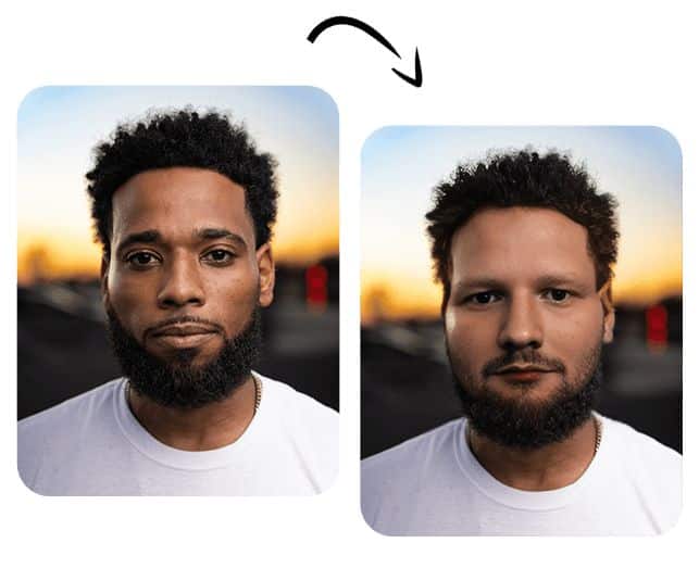 Before and after AI photo transformation showing altered facial features at sunset.
