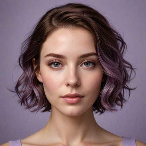 Young woman with purple bob hairstyle against a lavender background.