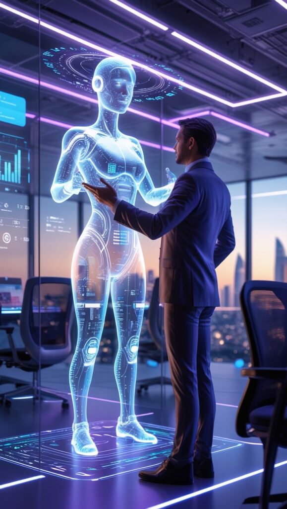 Man interacting with a futuristic AI hologram in a high-tech office setting.