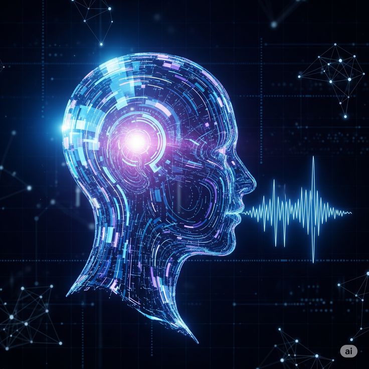 AI Voice Agent Digital head illustration with neural connections and sound wave, representing AI and technology communication. | Sky Rye Design Digital head illustration with neural connections and sound wave, representing AI and technology communication.