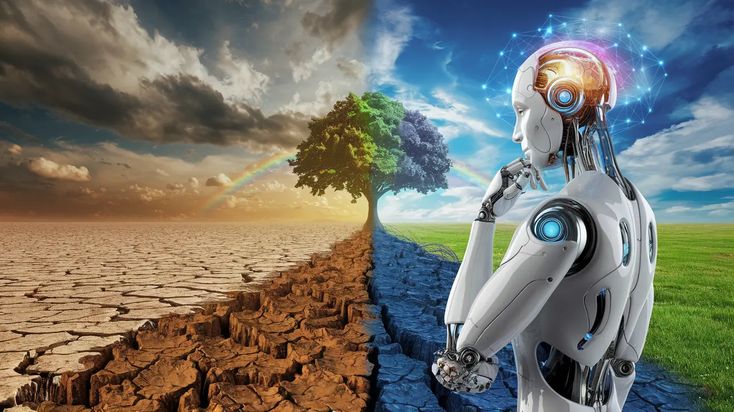 AI and Environmental Impact_ Boost Sustainability Now Robot contemplating climate change with barren desert and lush greenery split by a tree, symbolizing environmental impact. | Sky Rye Design Robot contemplating climate change with barren desert and lush greenery split by a tree, symbolizing environmental impact.