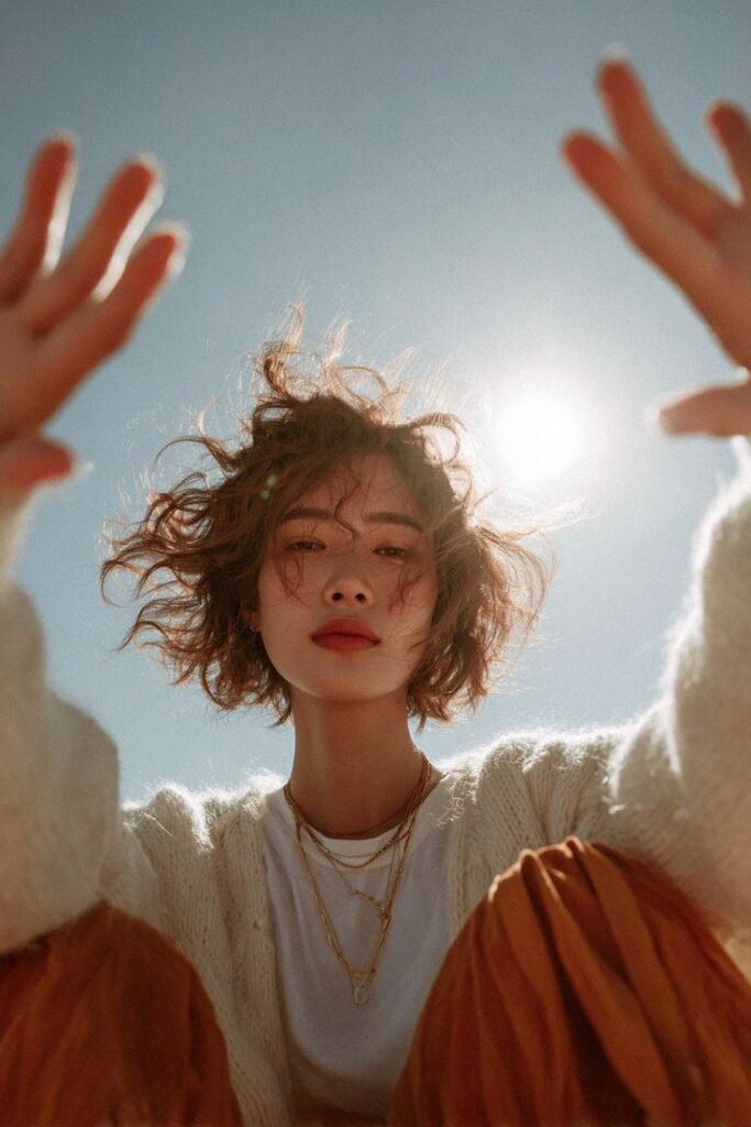 Woman with curly hair reaching towards the sky under sunlight, wearing layered necklaces and casual outfit.