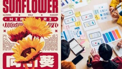 Vibrant sunflower poster and collaborative team planning mobile app designs at a table.