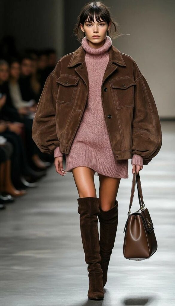 Model in brown jacket, pink turtleneck dress, and knee-high boots on runway. Fashion show outfit.